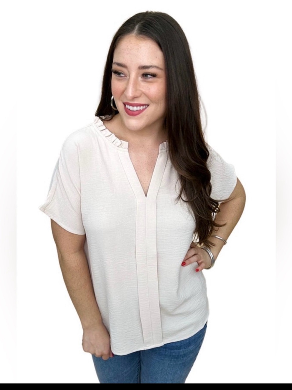 JODIFL Women's Cream Ruffle Trim Short Sleeve Blouse